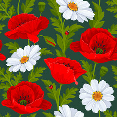 Sticker - Bright seamless pattern with red poppy flowers, white daisies, leaves and poppy seed pods. Surface design for any decoration, textile printing, printed issues, greeting cards. Vector illustration.