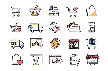 Aufkleber - Store icons. Outline logo for supermarket. Cashier or cart. Free delivery. Retail online discount. Internet market symbols. Web app. Customer feedback. Vector line shopping signs set