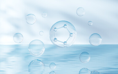 Poster - Molecule with water surface background, 3d rendering.