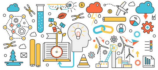 Poster - Modern business technology. Abstract human head with bright light bulb, creative ideas for science, education and sustainable energy development in infographic concept banner, thin line art design