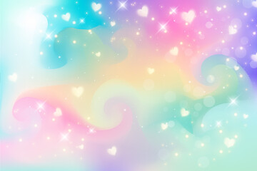 Wall Mural - Rainbow unicorn fantasy background with hearts and stars. Holographic illustration in pastel colors. Bright multicolored sky. Vector.