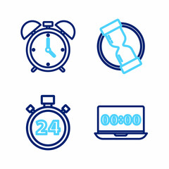 Set line Clock on laptop, Stopwatch 24 hours, Old hourglass and Alarm clock icon. Vector