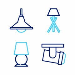 Poster - Set line Led track lights and lamps, Table, Floor and Chandelier icon. Vector