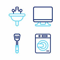 Canvas Print - Set line Washer, Spatula, Smart Tv and Washbasin icon. Vector