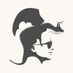 Poster - Optical illusion. Woman head with dragon as haircut. Self protection concept