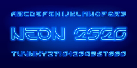 Poster - Neon 2320 alphabet font. Futuristic neon letters, numbers and symbols. Stock vector typescript for your design.
