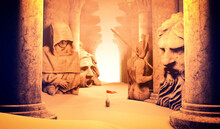 Fantasy Landscape, Medieval Warrior Surrounded By Ruins Of Other Times, Lost Worlds, Statue Of A Warrior With Spear And Columns. Desert And Sand Dunes. Conquests. Archeology. 3d Rendering