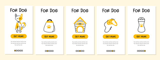 Screenshots of the pet store and mobile application. Menu banner vector template for website and app development. Pet shop templates for store. Templates for dogs.
