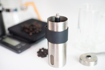 Coffee drip equipment with coffee bean on white background