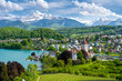 amazing view on Spiez town, Thun lake and Alps mountains in Switzerland
