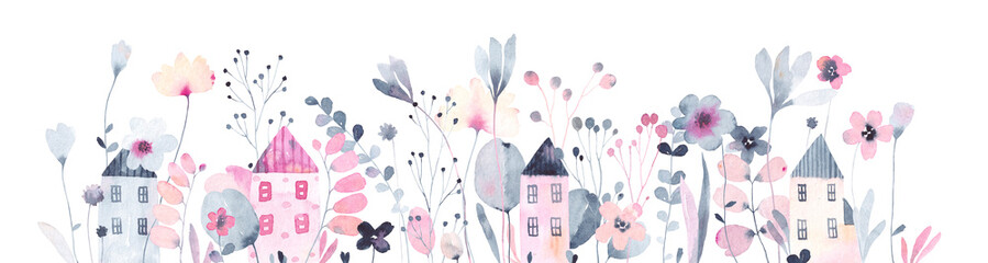 Watercolor little village and cute flowers on white background. Summer meadow. Illustration for card, border, banner or your other design. Cute little city.