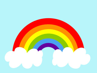 Wall Mural - Colorful rainbow with white clouds. Rainbow vector icon on blue background