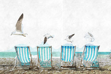 Beach Chairs And Seagulls Watercolor Illustration