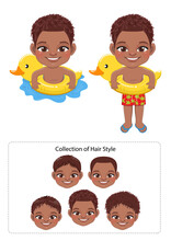 Summer American African Boy In Duck Inflatable Ring Cartoon Vector