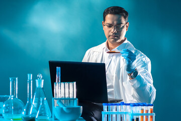 Poster - man virologist. human in virology laboratory. doctor examines blood. career as virologist. virologis