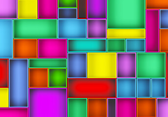 Poster - Colorful children's background. Multicolored geometric cubes. Children's background with square elements. Geometric rainbow background. Decorative blocks are iridescent. Toy block. 3d rendering.