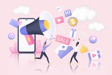 Poster - Target strategy of digital marketing in social media. Tiny people with mobile phone and creative information products flowing from megaphone flat vector illustration. Online service, ecommerce concept