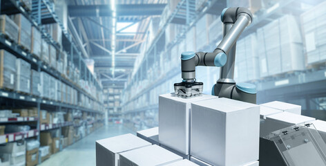 Aufkleber - Robot arm moves boxes in an automatic warehouse. Concept
