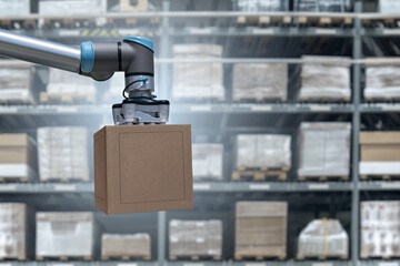 Aufkleber - Robot arm moves box in an automatic warehouse. Concept