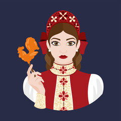 Wall Mural - The avatar of a young girl in a Slavic costume and a kokoshnik holds a lollipop in the shape of a cockerel in her hand. Historical costumes. Flat illustration.