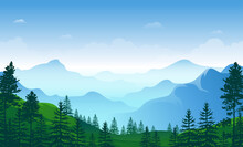 Cartoon Spring Or Summer Panoramic Landscape Mountains