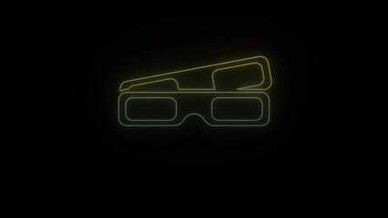 Canvas Print - Glowing neon 3d glasses icon on black background. glasses for watching movies in the cinema. 4K video animation for motion graphics and compositing.