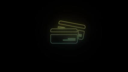 Canvas Print - Glowing neon bank cards icon on black background. credit cards for payments. 4K video animation for motion graphics and compositing.