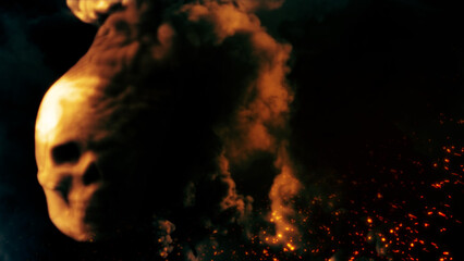 Wall Mural - Burning orange skull with fire flames bg with free space - war concept - abstract 3D rendering