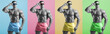Collage of handsome muscular man in sunglasses on multicolored background. Fitness male model naked torso abs