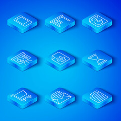 Poster - Set line Shopping cart, Document settings, Mail and e-mail, Old hourglass, with graph chart, Board, Mobile phone and File document icon. Vector