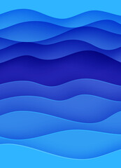 Wall Mural - Abstract background with water waves in paper cut style. 3d wallpaper with cut out deep wavy modern cover. Blue color layers with smooth shadow papercut art. Vector illustration, origami shapes
