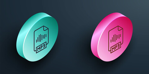 Poster - Isometric line MP3 file document. Download mp3 button icon isolated on black background. Mp3 music format sign. MP3 file symbol. Turquoise and pink circle button. Vector