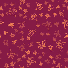 Canvas Print - Brown line Ray gun icon isolated seamless pattern on red background. Laser weapon. Space blaster. Vector