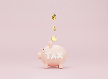 Pink Piggy Bank And US Dollar Coins Falling On Pink Background For Money Deposit And Tax Saving Concept , Creative Ideas By 3D Rendering Technique.