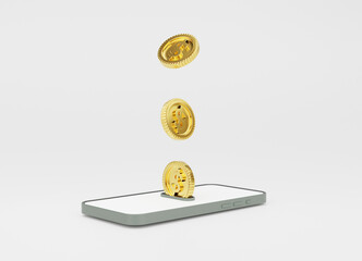 Wall Mural - Isolate of Golden coins dropping and flying to smartphone for money transfer and internet mobile banking or electronic transaction concept by 3d render illustration.