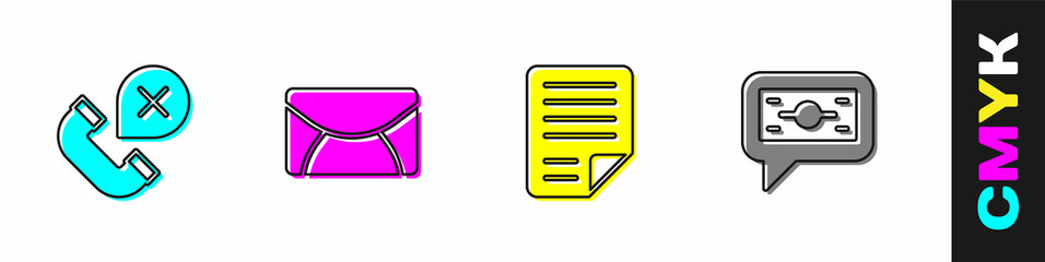 Poster - Set Declined or missed phone call, Mail and e-mail, File document and Stacks paper money cash icon. Vector