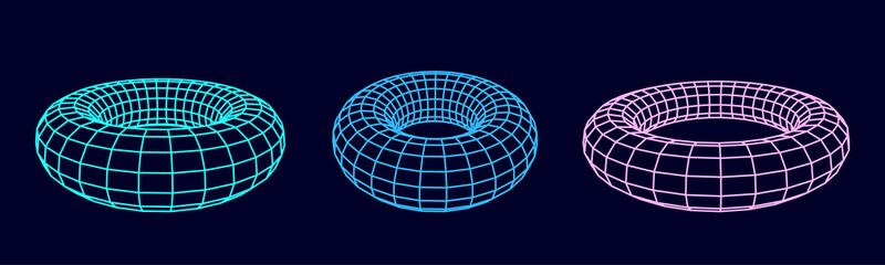 Poster - set of color wireframe torus. 3d geometric forms. realistic isolated model. vector isometric shapes.