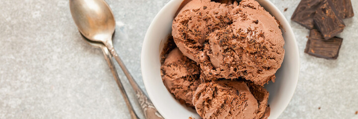 Wall Mural - Chocolate ice cream with a bowl on a table. Summer dessert. Selective focus. Copy space. Flat lay.