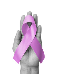 Sticker - Lavender ribbon awareness for National cancer survivors month in June with lavender purple bow color isolated on hand on white background with clipping path