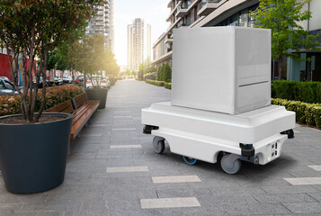 Aufkleber - Delivery robot transporting a box on the street. Concept