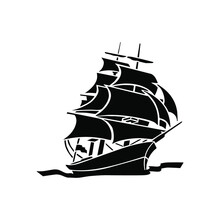 Sailing Ship, Black Sign On A White Background, Logo For Design, Vector Illustration