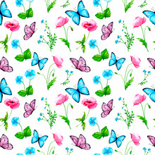 Seamless Pattern. Watercolor Flowers And Butterflies On A White Background. Poppies, Forget-me-nots, Pansies. Design For Wrapping Paper, Fabric, Wallpaper And Other Printing.