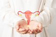 Healthy uterus and ovaries anatomy on doctor hands. Awareness of women health care such as endometriosis disease, PCOS, STDs, ovarian or cervical cancer screening. Gynecology and reproductive system.