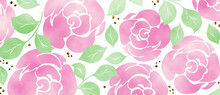 Abstract Floral In Seamless Pattern Background. Watercolor Pink Roses ,green Leaves And With Gold Glitter
