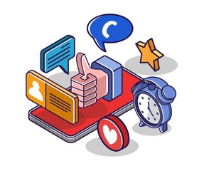 Poster - Flat isometric concept illustration. technology social media marketing time