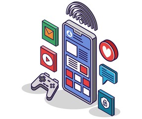 Poster - Flat isometric concept illustration. signal network smartphone