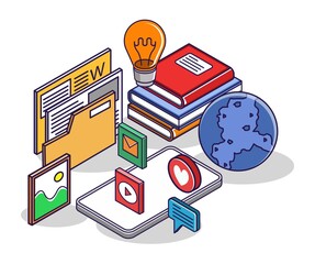 Poster - Flat isometric concept illustration. online education student data
