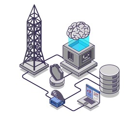 Wall Mural - Flat isometric concept illustration. network data server and internet database with artificial intelligence