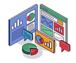 Wall Mural - Flat isometric concept illustration. monitor data analysis diagram