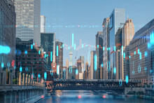 Panorama Cityscape Of Chicago Downtown And Riverwalk, Boardwalk With Bridges At Sunset, Illinois, USA. Forex Graph Hologram. The Concept Of Internet Trading, Brokerage And Fundamental Analysis